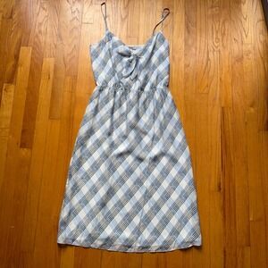 Joie Silk Plaid Tie‎ Front Midi Dress Blue White Size M Silk Cottagecore Brunch